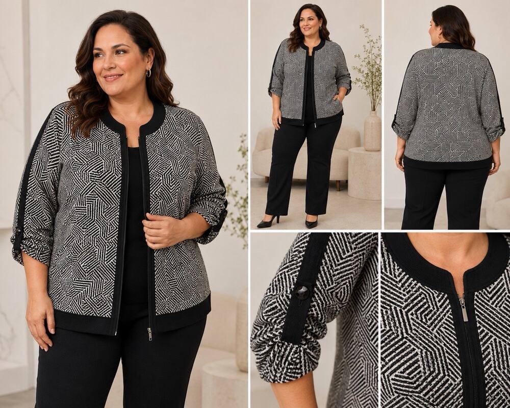 Exclusively Misook Black White Art Knit Zip Jacket Plus 2x
